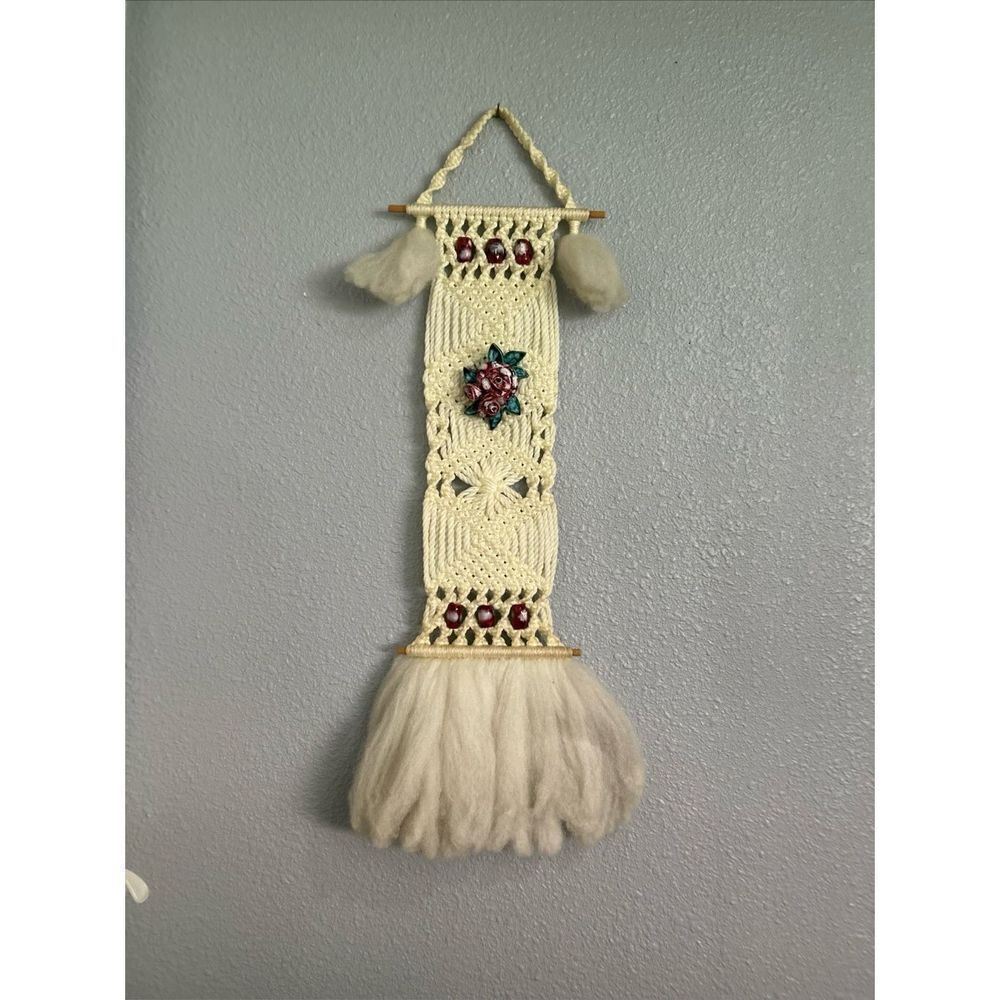 Vintage 70’s Macrame Jute wall hanging with Ceramic  Pop of color rose  B2